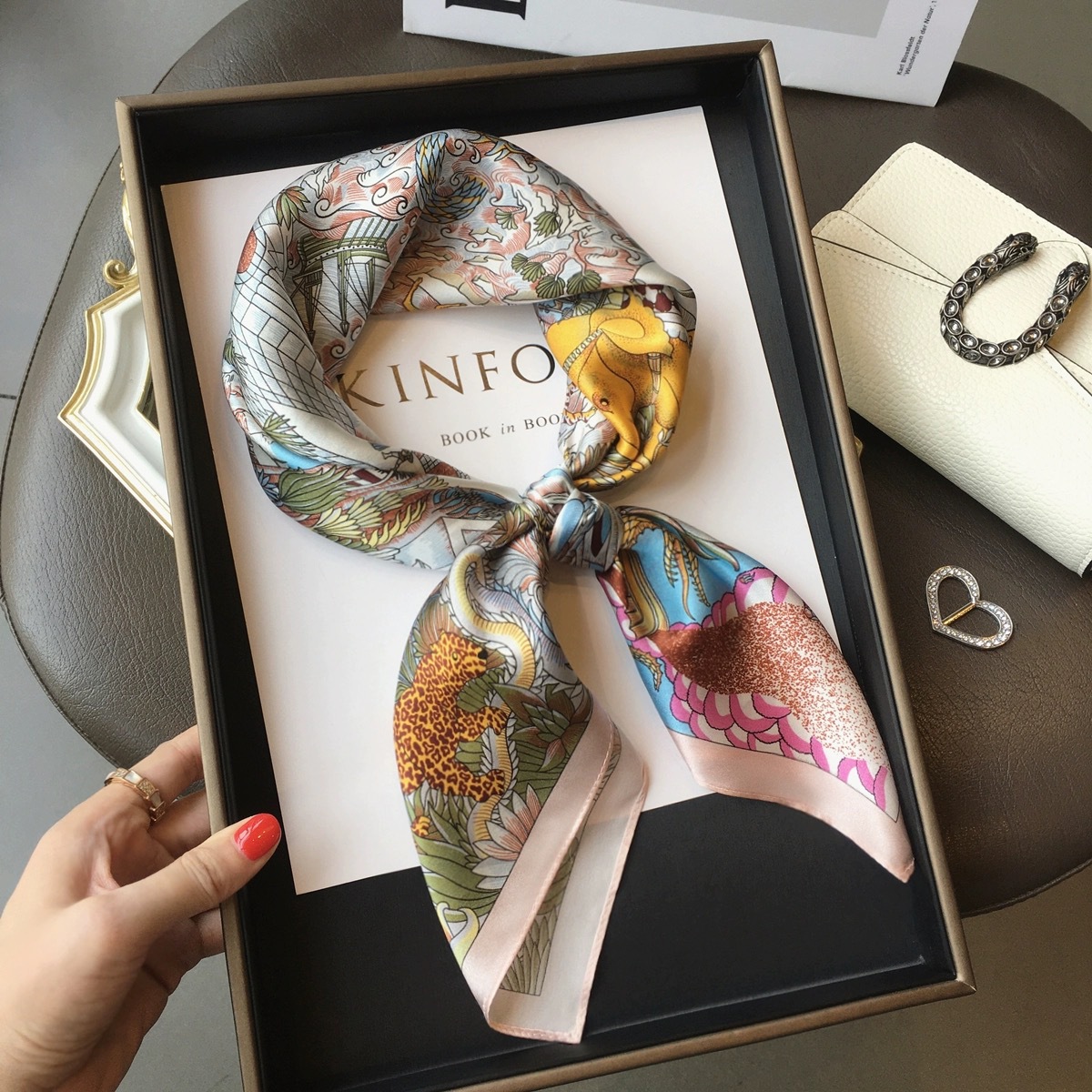 100% Real Mulberry Silk Scarf with Fantasy Castle Print – Headscarf, Hair Wrap, Neck Scarf, Neckerchief